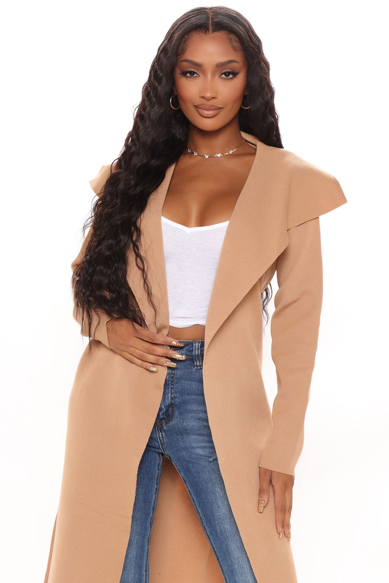 Camel Belted Waterfall Duster Coat