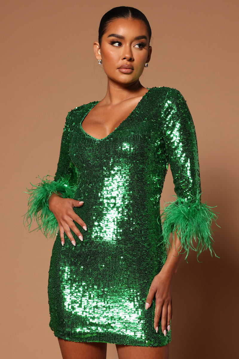 Fashion Nova Green Sequined Shear Feather Hem New Year's Eve Dress Small  NWT