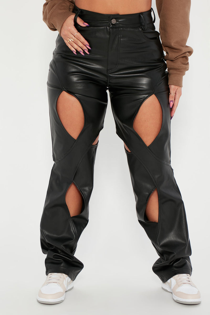 Troubled Low Rise Faux Leather Pant - Black