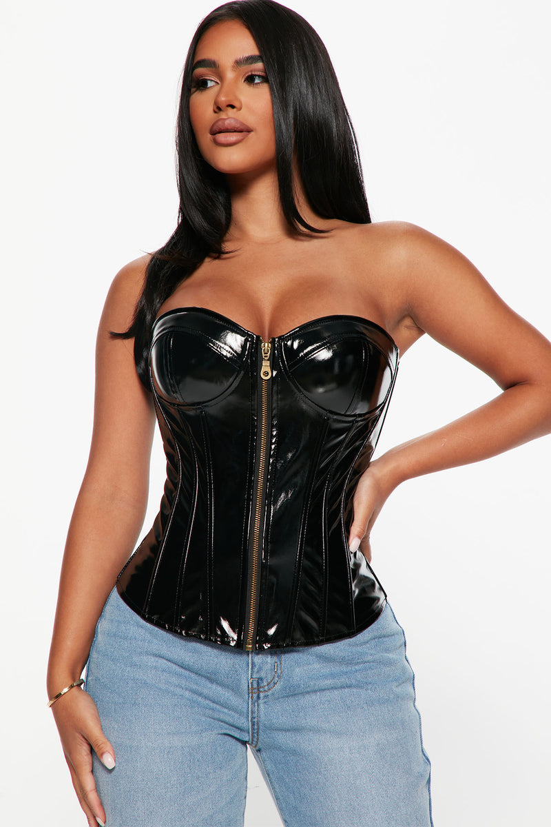 Power Patent Leather Corset - Black  Black leather corset, Leather corset,  Shirt blouse fashion