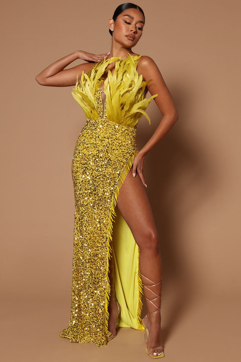 Angelina Feather Sequin Maxi Dress - Chartreuse