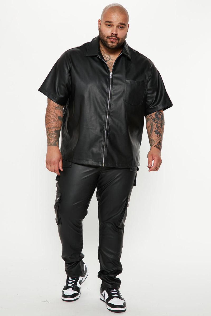 Utility Faux Leather Short Sleeve Button Up Shirt - Black