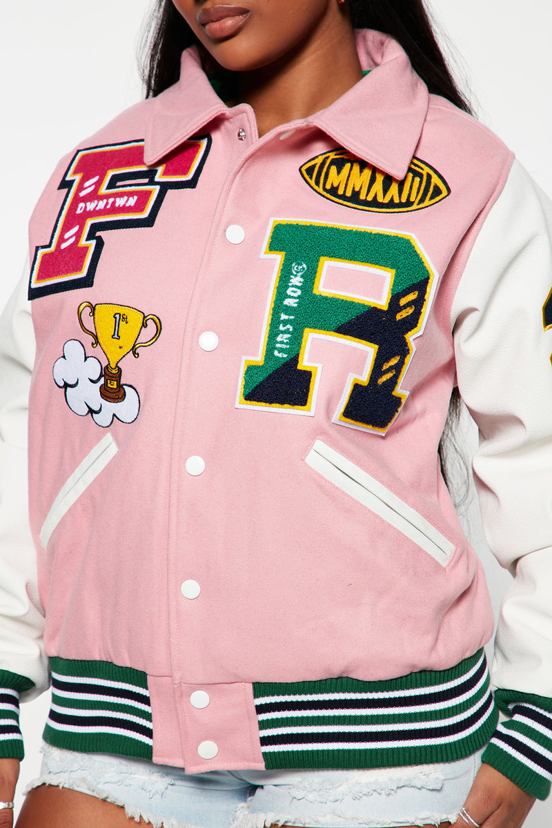 Kids' Mini Bronx Shawty Varsity Jacket in Pink Size 8 by Fashion Nova