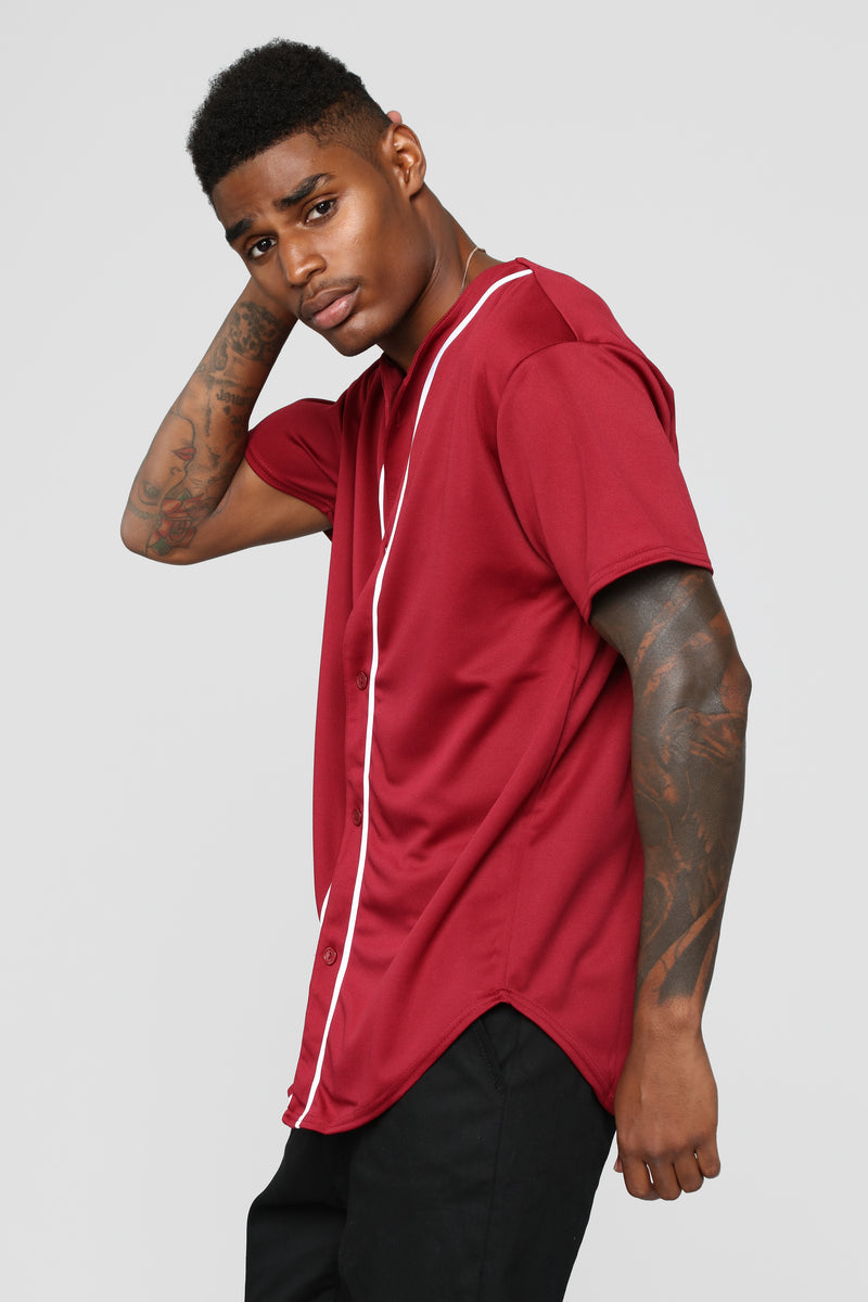 ASOS DESIGN oversized baseball jersey shirt in burgundy