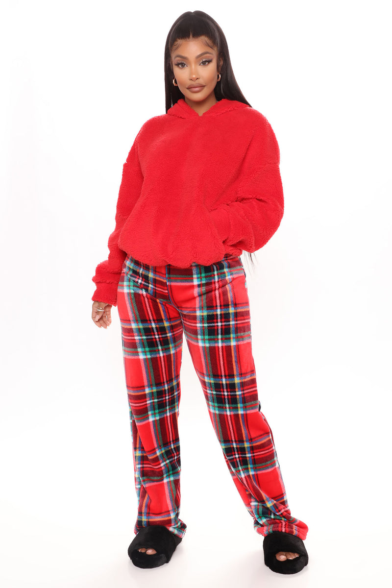 ADR Women's Plush Fleece Pajama Bottoms with Pockets, Winter PJ Lounge  Pants Red Christmas Plaid Large