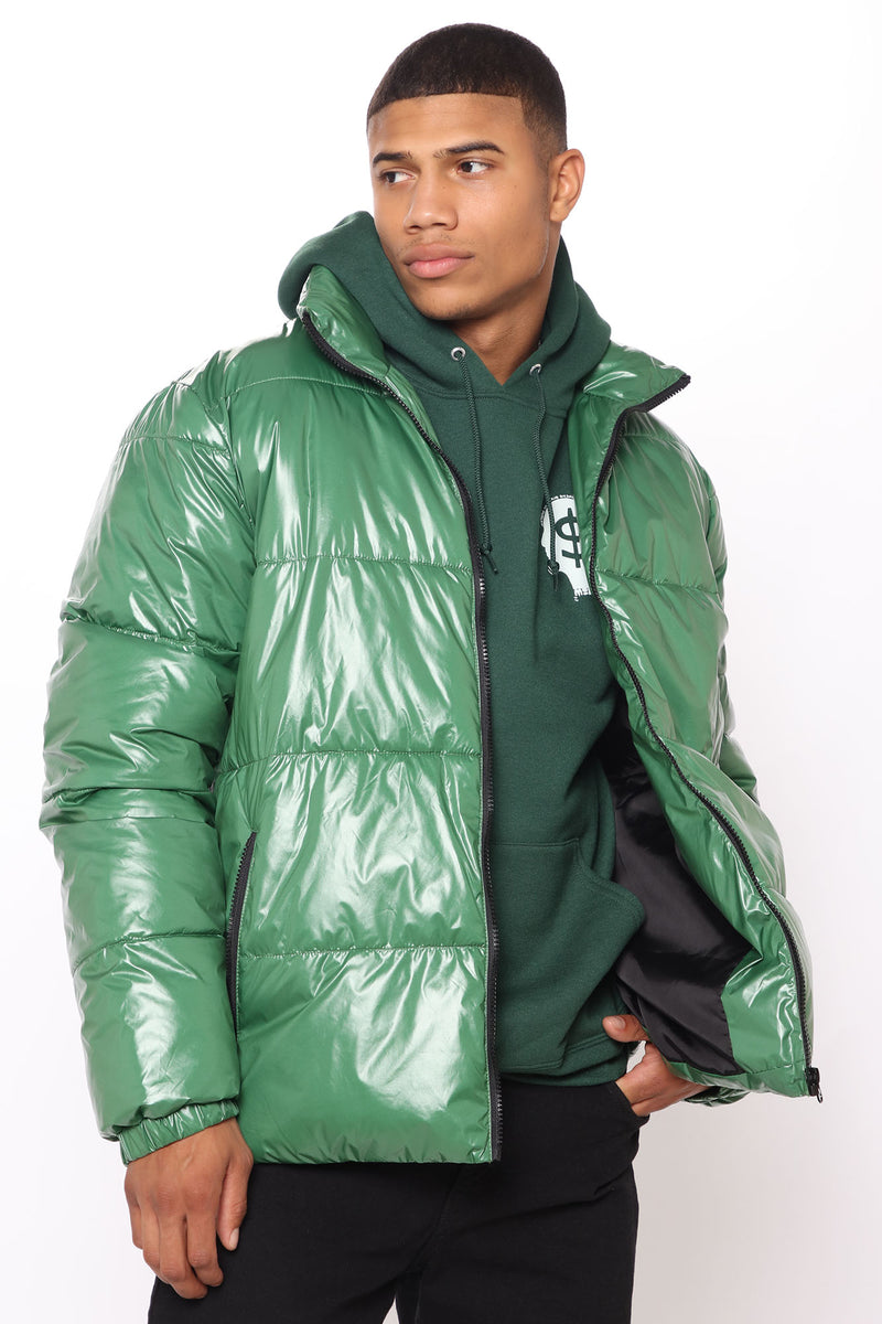 Men's Green Inflatable Leather Puffer Jacket - Urban Fashion Studio