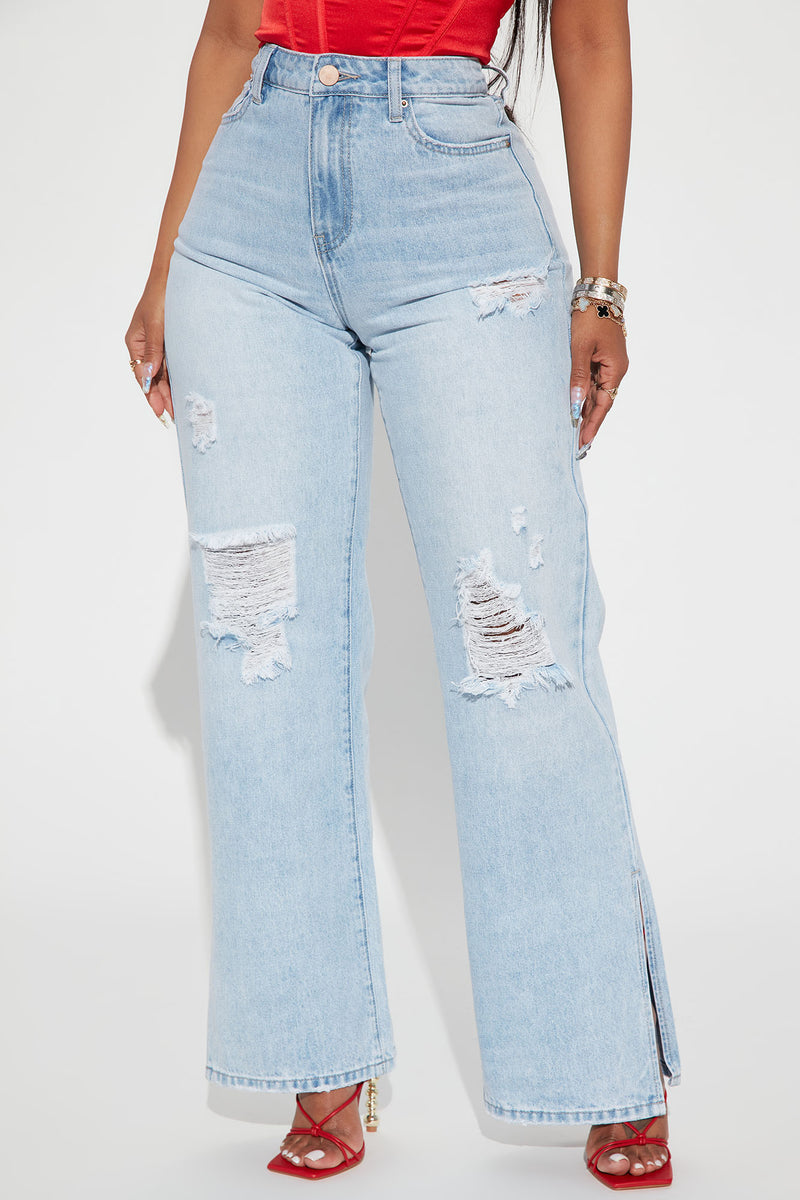 Just A Crush 90s Side Slit Jeans - Light Blue Wash | Fashion Nova