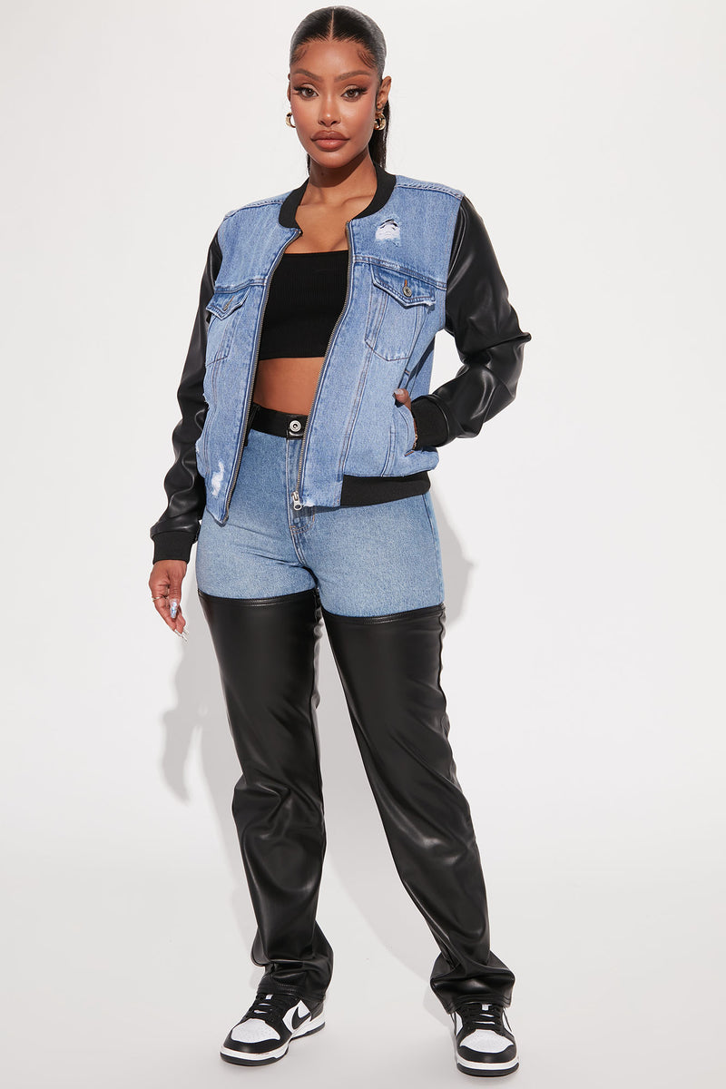 Hazel Blues®  This Is It Faux Leather Bomber Jacket In Black