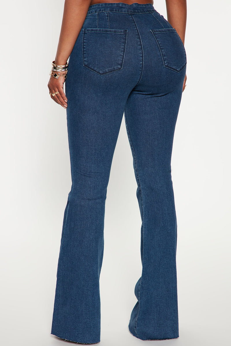 The Bristol Pull-On Medium to Dark Wash Flare Jeans by Jules