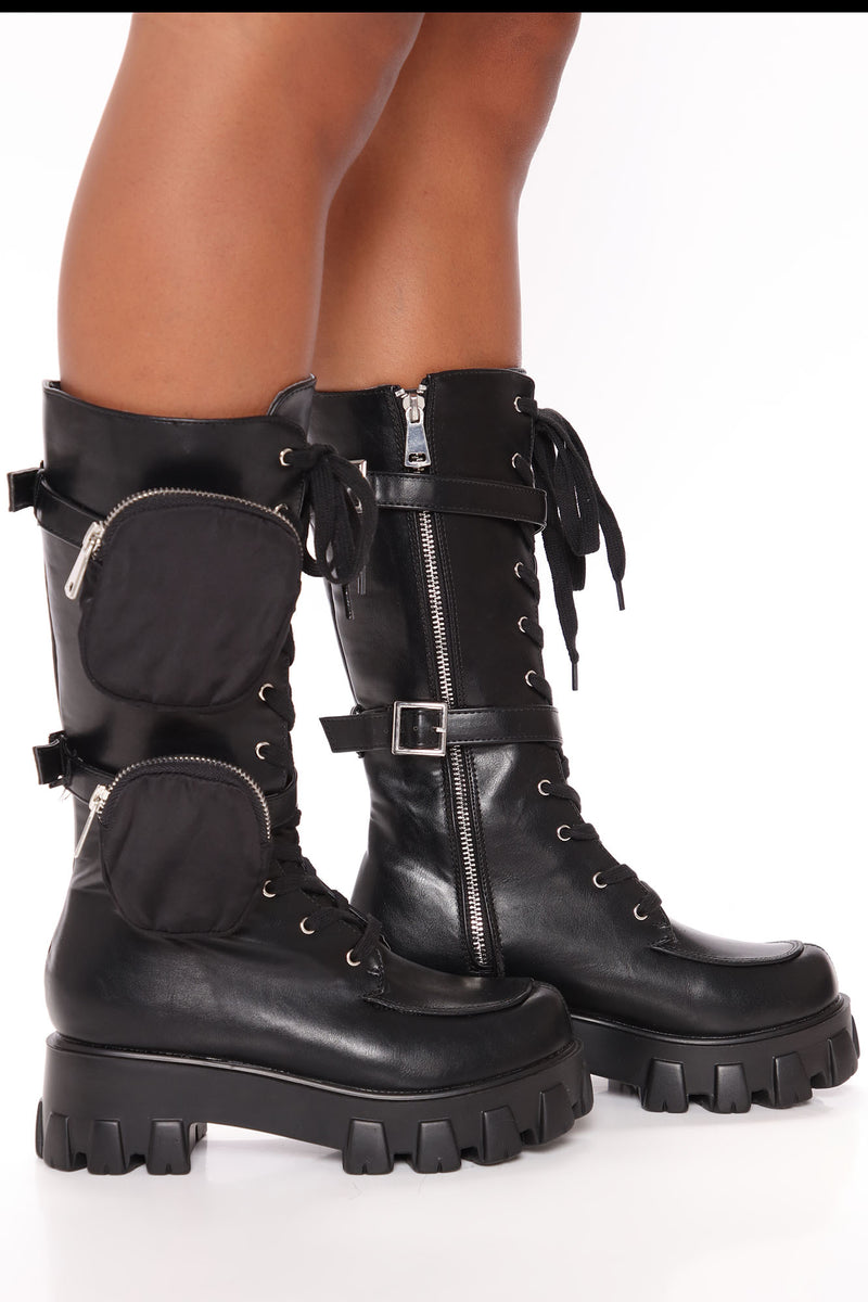 Black Pu Pocket Side Lace Up Biker Boots