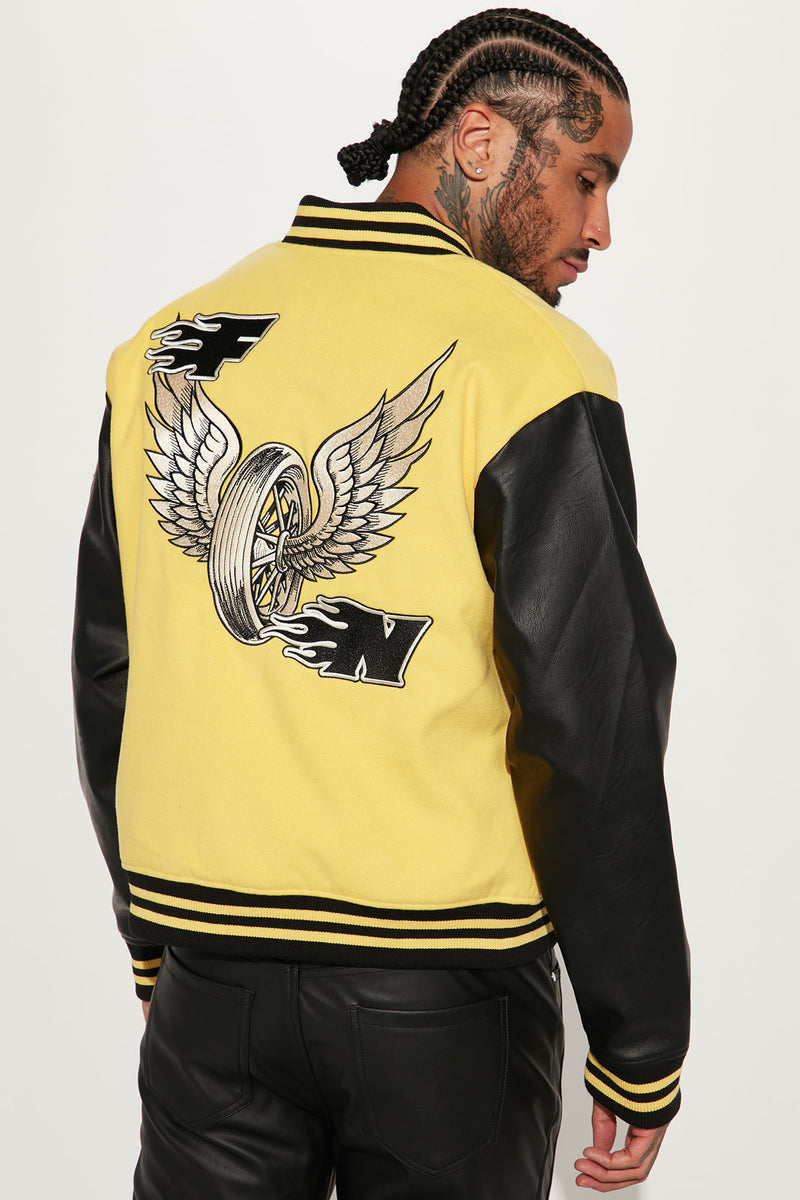Biker Faux Leather Varsity Jacket - Yellow/combo