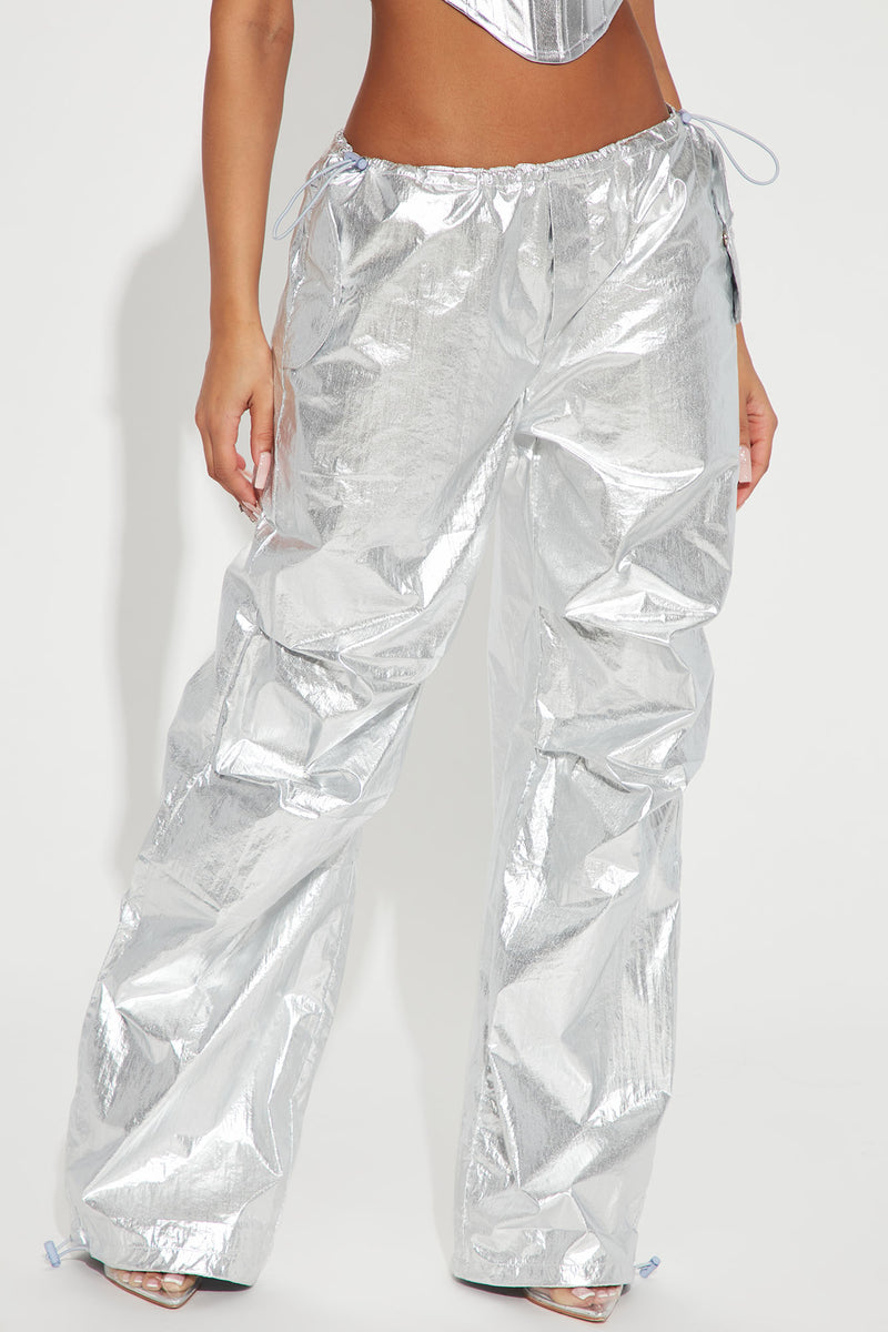 Parachute pants with silver-coloured details