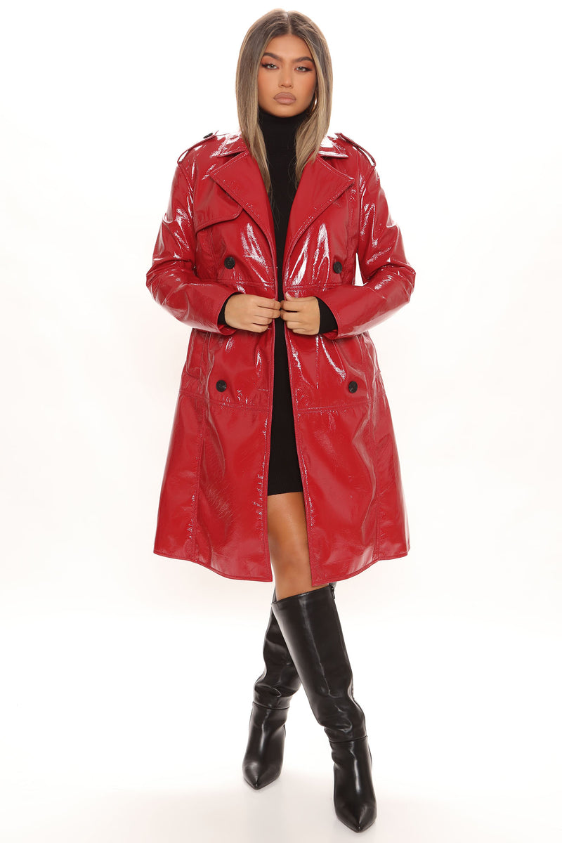 Red patent leather sale trench coat