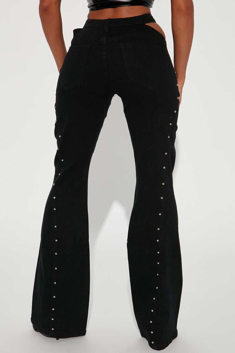 y2k black high waist stretchy flare pants with cut out detail, Women's  Fashion, Bottoms, Jeans & Leggings on Carousell