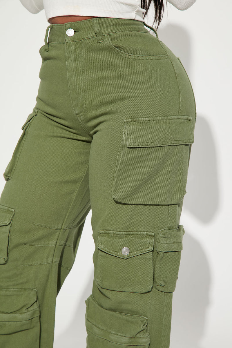 Power Play Easy Waist High Rise Cargo Jeans - Green, Fashion Nova, Jeans