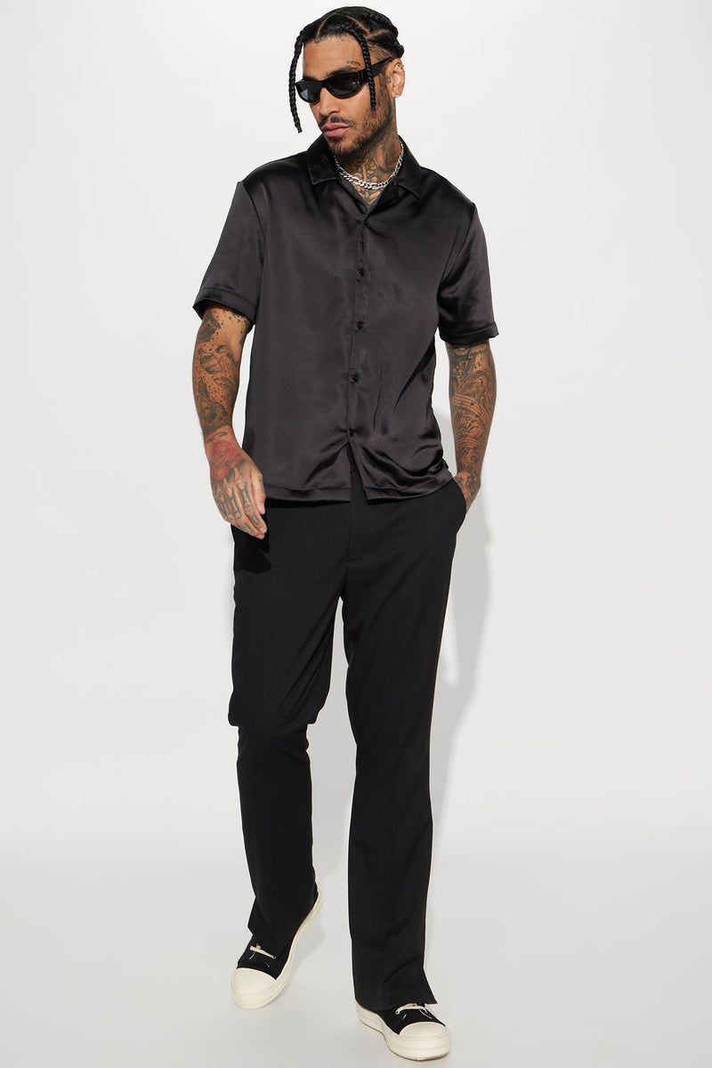 Shinin Satin Short Sleeve Button Up Shirt - Black