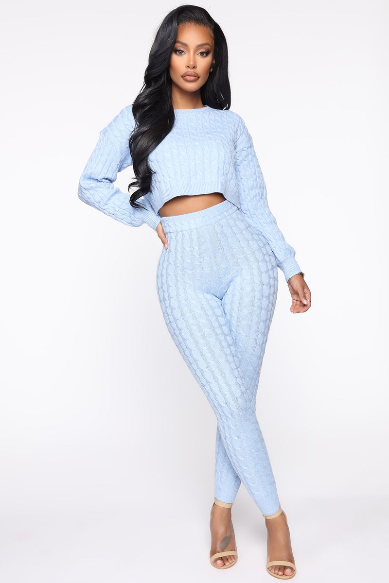 Anime Face Sweater Two Piece Pant Set/Blue