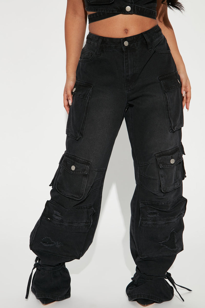 Billie Ripped Ankle Tie Cargo Jeans - Black
