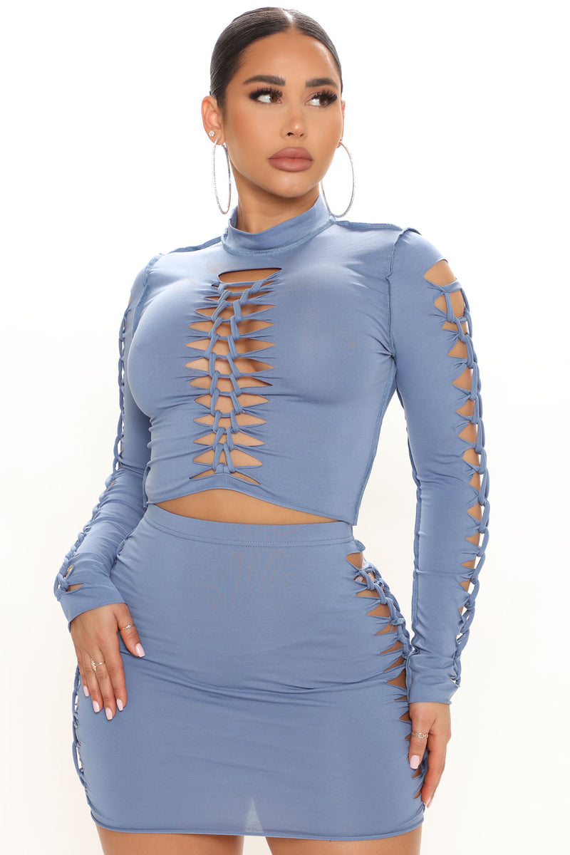 Kara Cut Out Long Sleeve Skirt Set - Denim | Fashion Nova