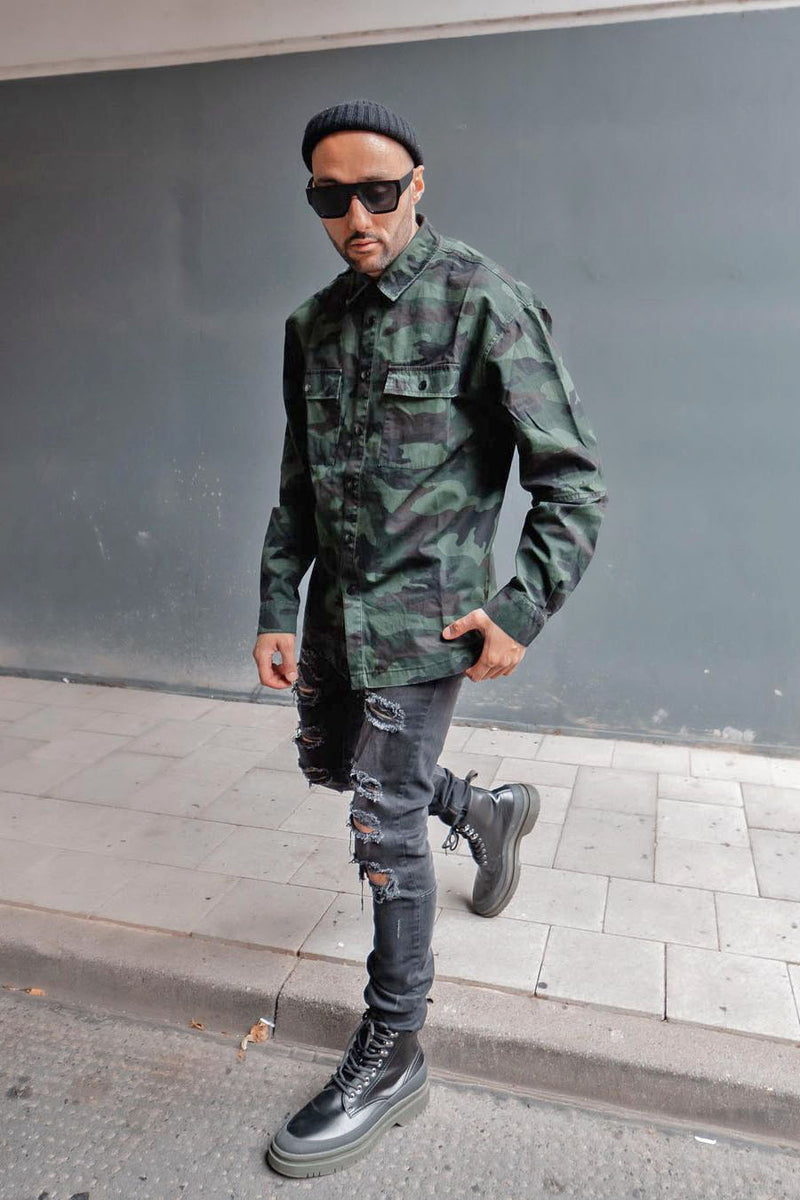Essential Camo Long Sleeve Denim Woven Top - Camouflage, Fashion Nova,  Mens Shirts