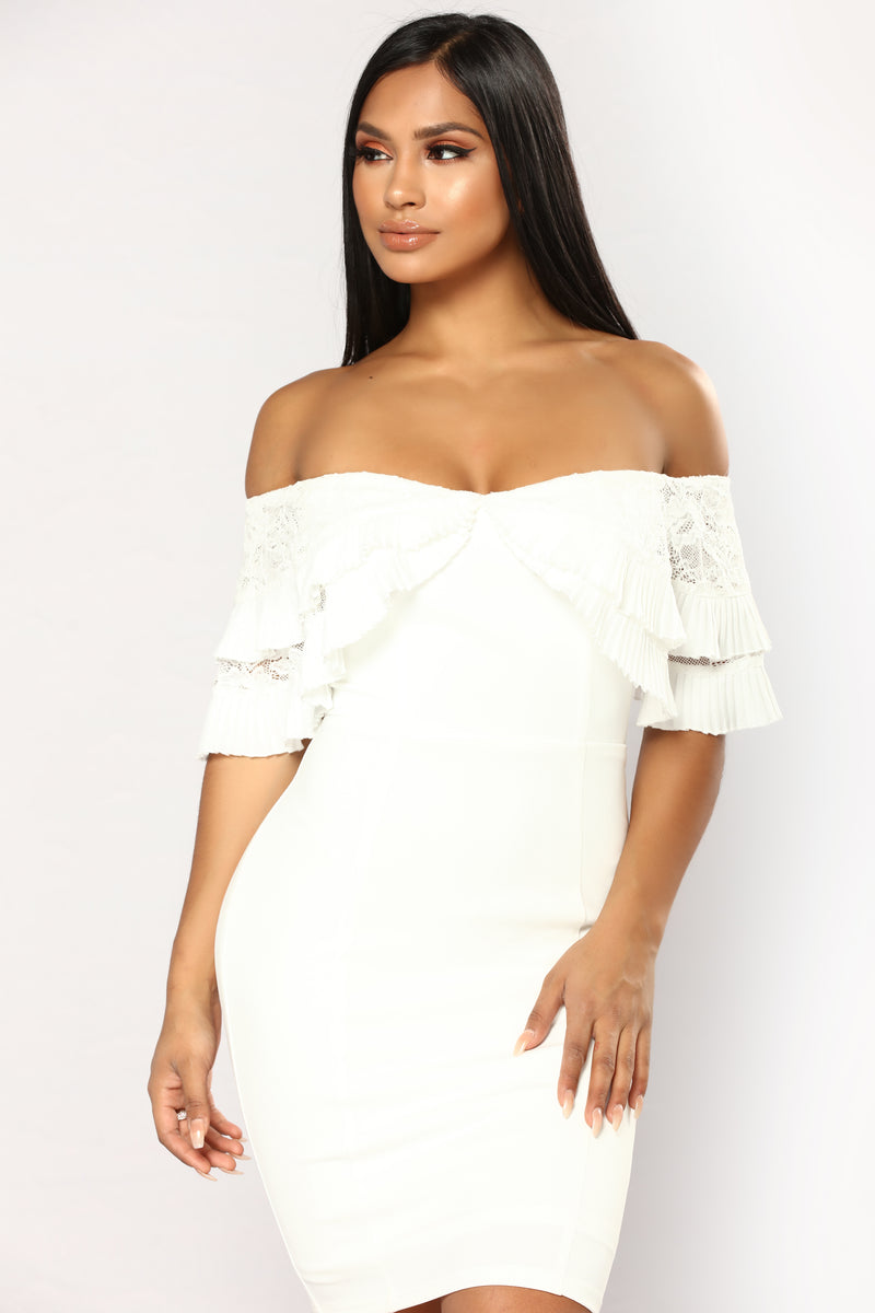 White off the clearance shoulder dress fashion nova