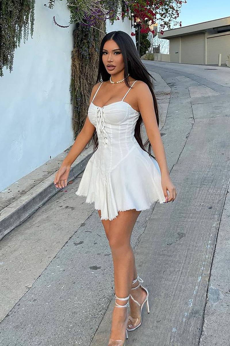 Petite Madilyn Denim Mini Dress - White | Fashion Nova, Dresses