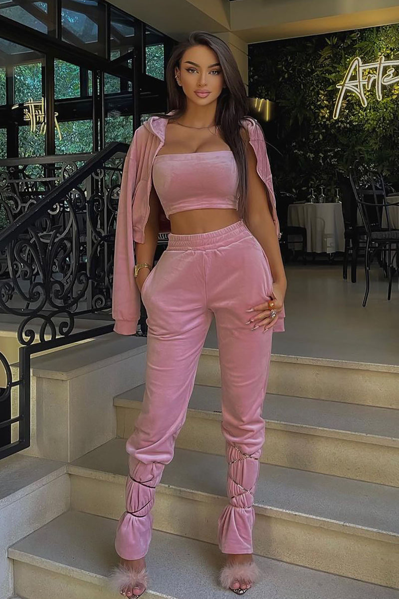 Valerie 3 Piece Velour Pant Set - Pink