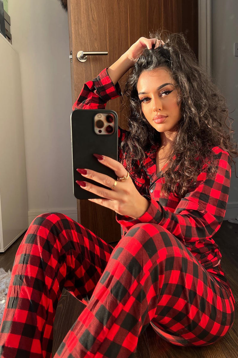 Warm And Cozy By The Fireplace Holiday PJ Set - Red/Black
