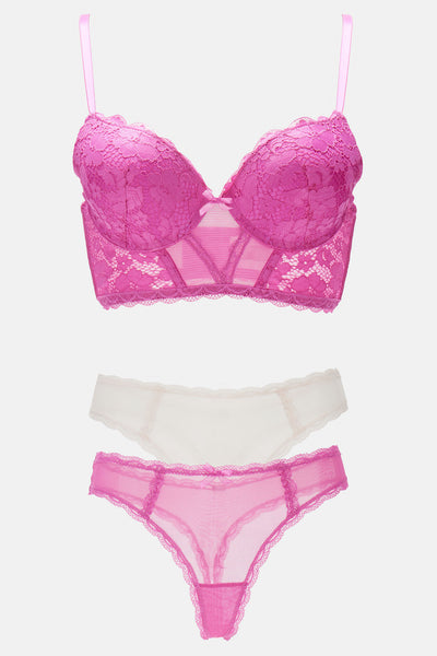 Switch Up On Me Bra and 2 Panty Set - Fuchsia/combo