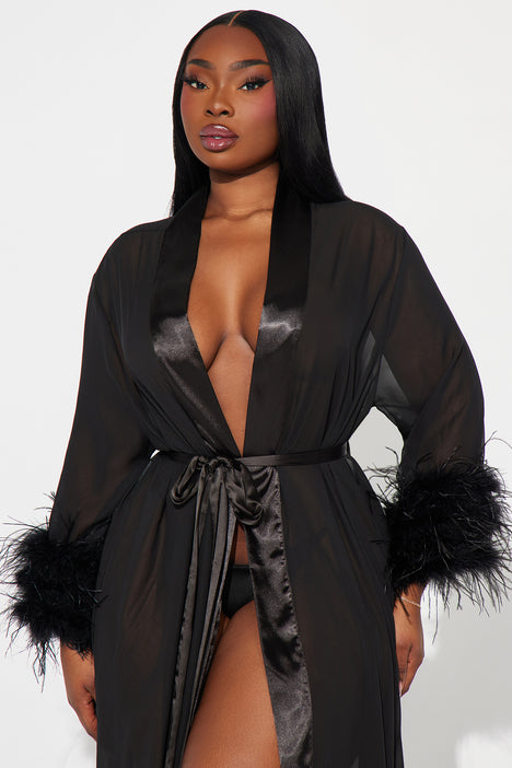 Softest Touch Feather Long Robe - Black