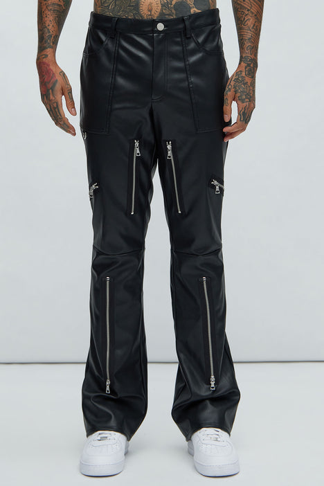 Zip It Faux Leather Slim Cargo Pants - Black