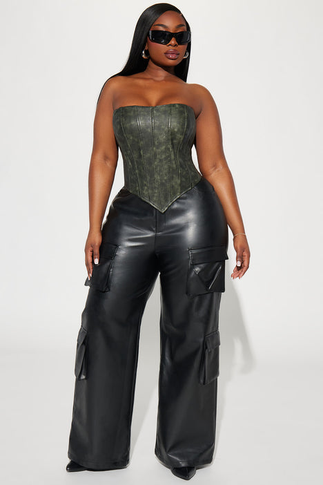 High Life Washed Faux Leather Corset Top - Black Wash