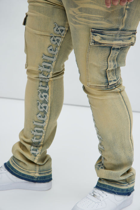Ruthless Embroidered Stacked Skinny Cargo Flare Jeans - Medium Wash