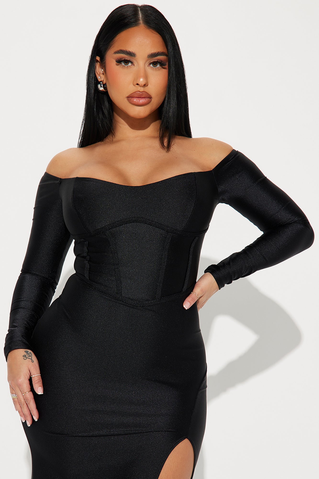 Plus Size Cut Out Mesh Cut Out Long Sleeve Velvet High Neck, No Peaking Maxi Dress in Black, Size 1X, For Holiday Party Or NYE | Fashion Nova