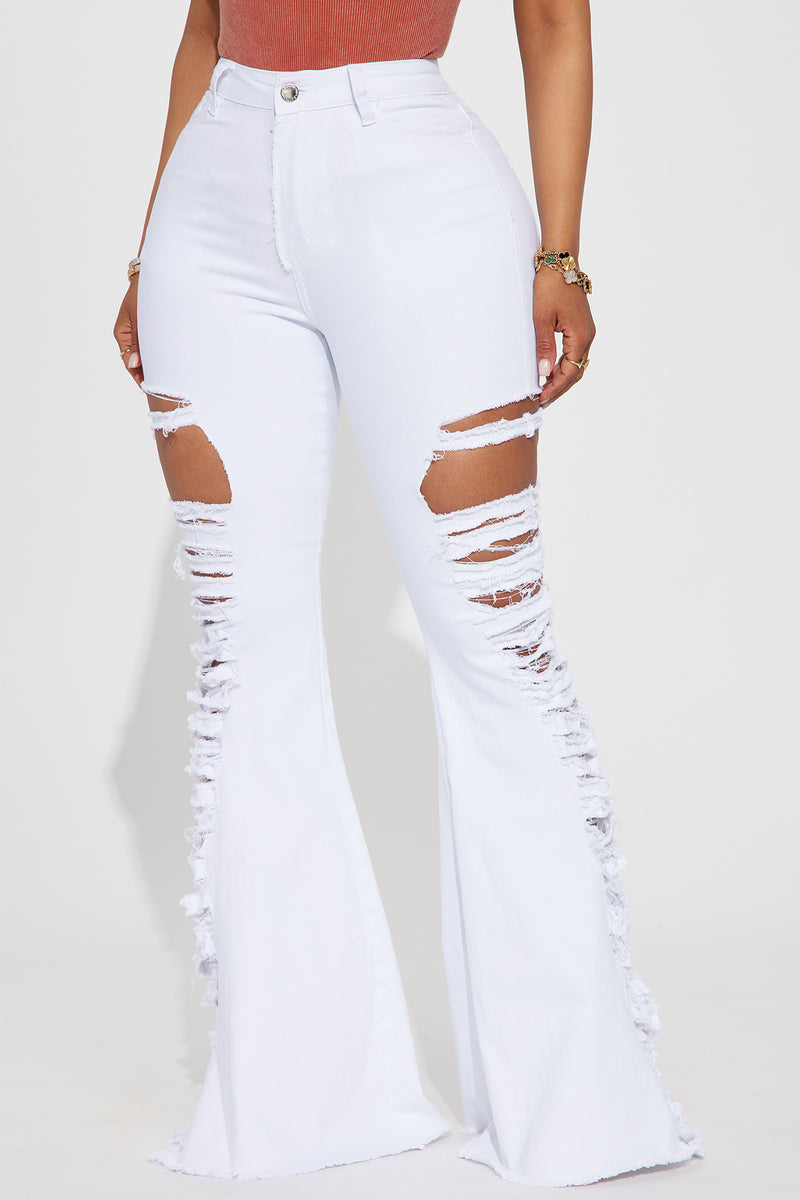 Sending It Shredded Stretch Flare Jeans - White | Fashion Nova, Jeans ...
