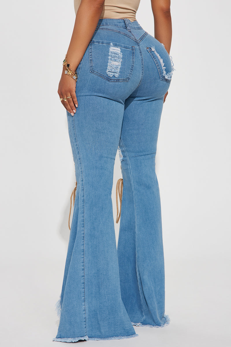 New Developments Lace Up Flare Jeans - Medium Wash | Fashion Nova ...