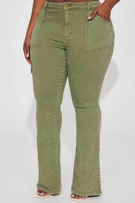 Mindy Cargo Mineral Wash Flare Pant - Olive, Fashion Nova, Pants