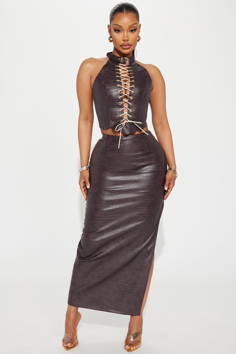 So Dramatic Faux Leather Skirt Set - Brown | Fashion Nova, Matching ...