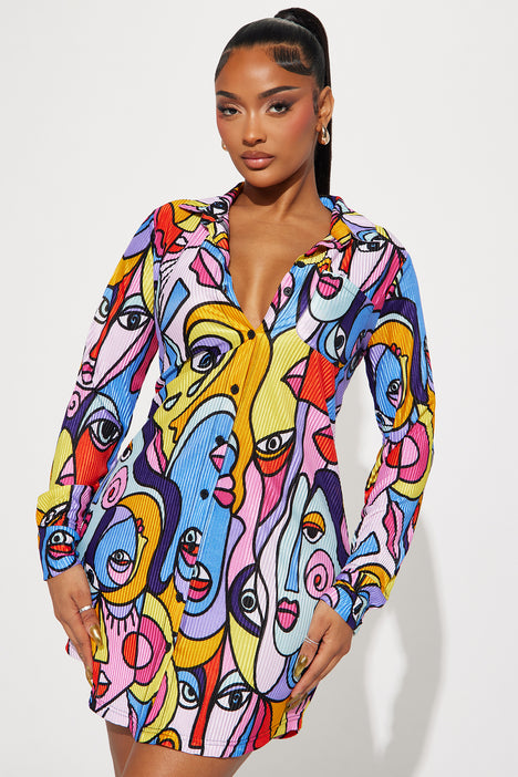 Lisa Plisse Abstract Shirt Dress - Multi Color