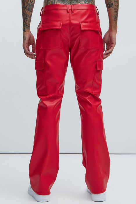 Finest Faux Leather Cargo Flare Pants - Red