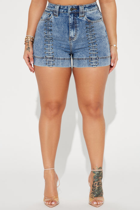 Front Page Lace Up Denim Shorts - Light Wash