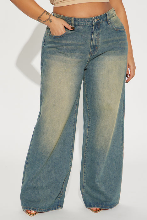 Women's Ultra High-Rise Lightweight Medium Wash Butterfly Print Baggy Jeans, Women's Clearance