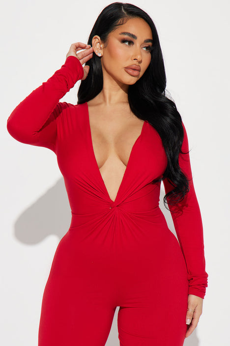 Fabulosity Stretch Satin Jumpsuit - Red
