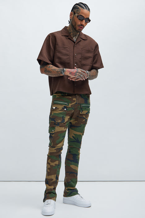 On The Verge Waxed Cargo Zipper Flare Pants - Camouflage