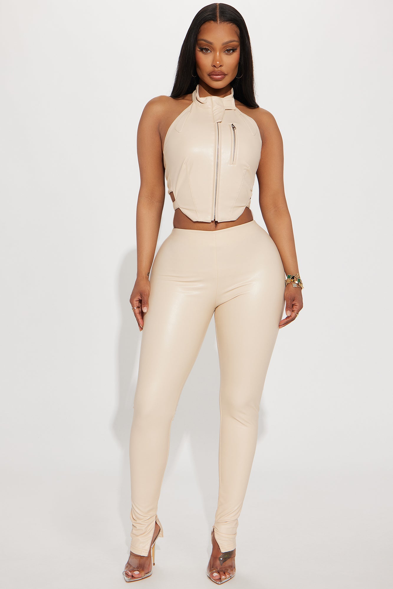 AIME Faux Leather Leggings With Gold Buttons Cream – Nellie's Boutique