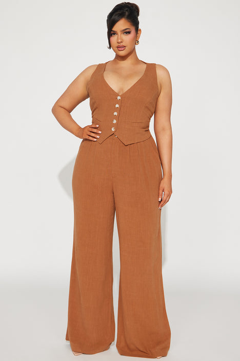 Act Right Linen Pant Set - Cognac, Fashion Nova, Matching Sets