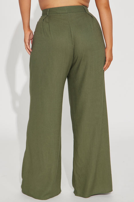 Olive Green Wide Leg Shirred Waist Palazzo Pants | Green | Split-Skirts- Pants, Crinkle, Vacation, Beach, Bohemian