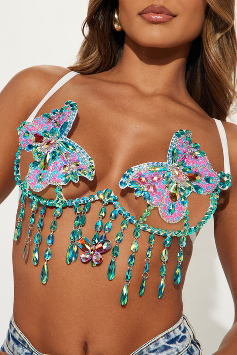 Beautiful Butterfly Hand Beaded Underwire Festival Bra - Turquoise, Fashion Nova, Festival