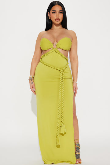 Phases of Summer Chartreuse Ruffled Halter Maxi Dress