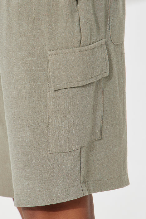 Olive Green - Linen - Cargo Shorts